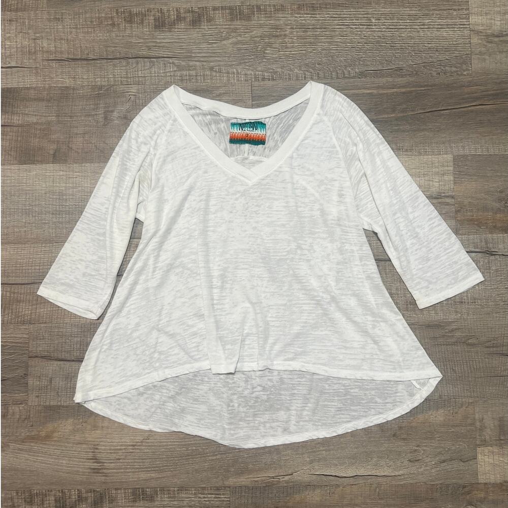 Nation LTD Top Womens Small Blue V Neck Casual Tee White Cotton Relaxed Fit